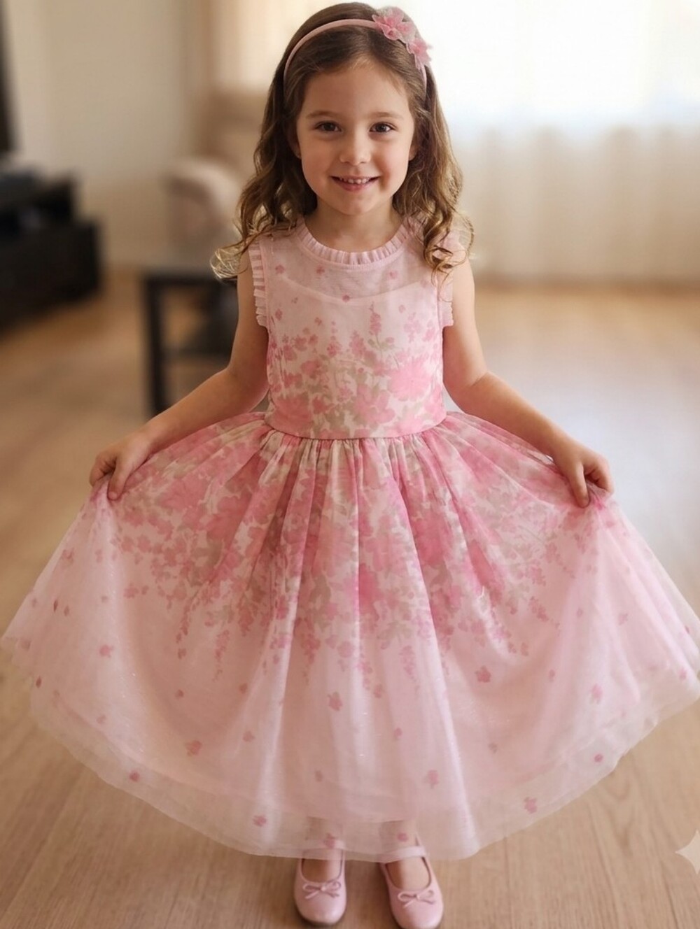 Pink Floral Tulle Party Dress for Girls